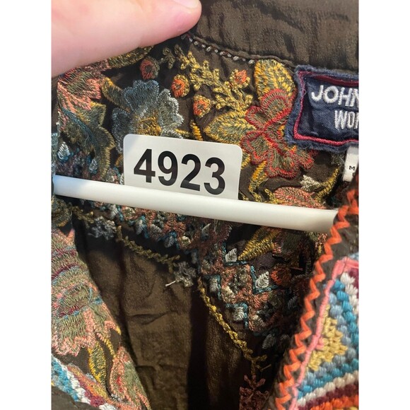 Johnny Was Embroidery Tunic Top Dress M Boho Olive Green Bell Sleeve Floral Silk - Picture 7 of 13